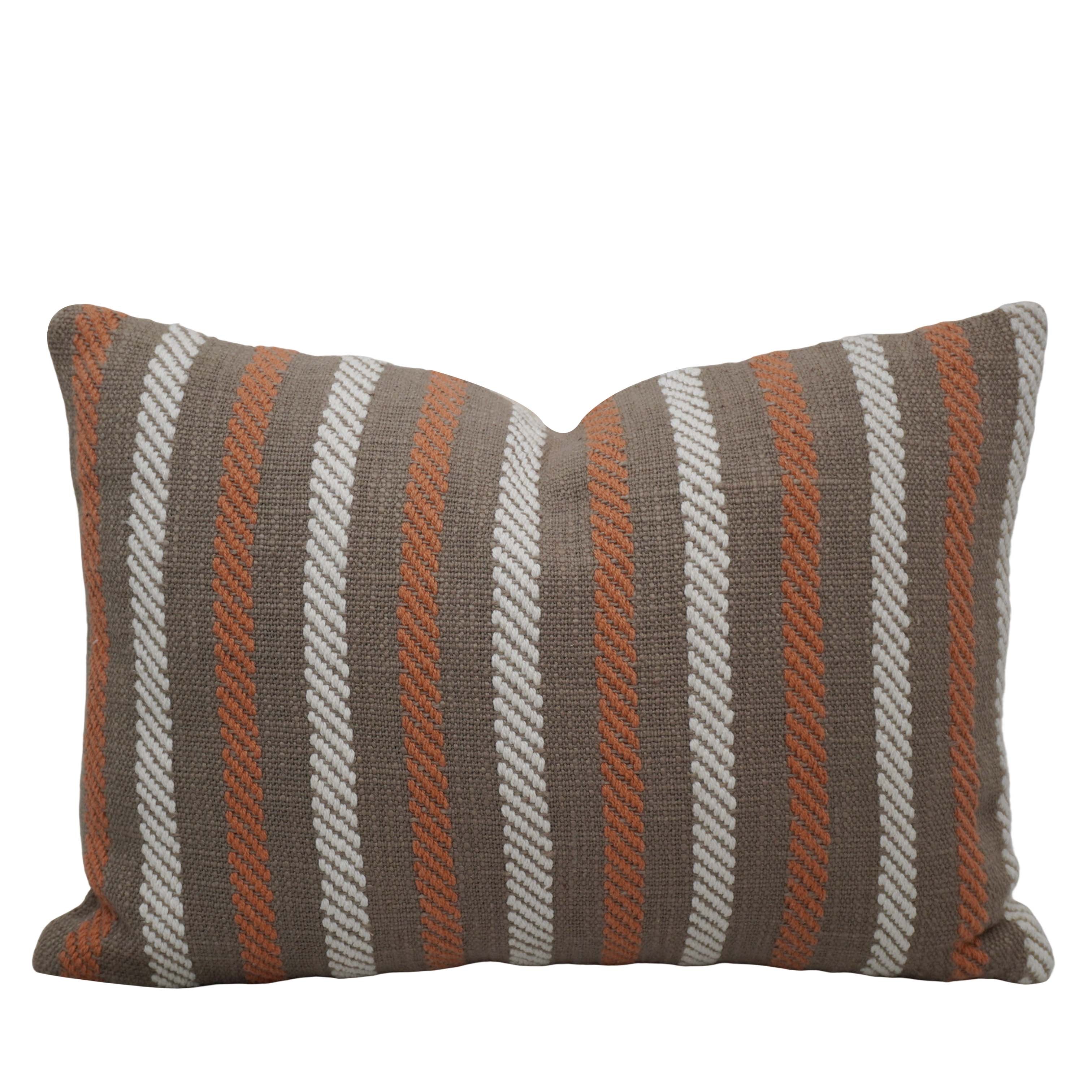 Handwoven Cotton Cushion Cover 35 x 50 cm | Brown, Rust & Ivory Striped Woven Lumbar Cushion Cover | Decorative Rectangular Throw Pillow Cover with Hidden Zipper
