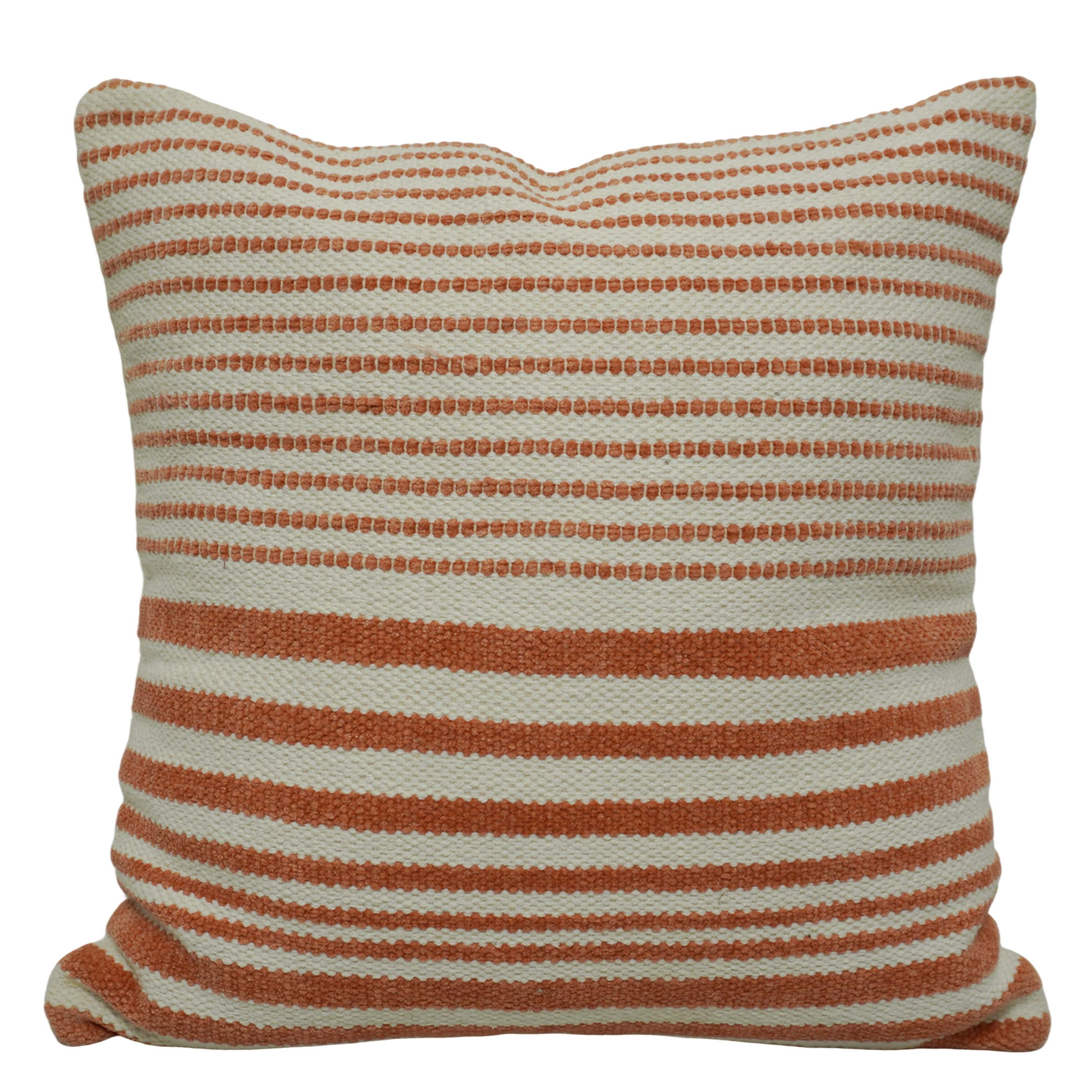 Handwoven Cotton Striped Cushion Cover 45x45 cm | Woven Textured Throw Pillow Cover | Rust & Ivory Decorative Cushion Cover | Hidden Zipper | 18x18 Inch