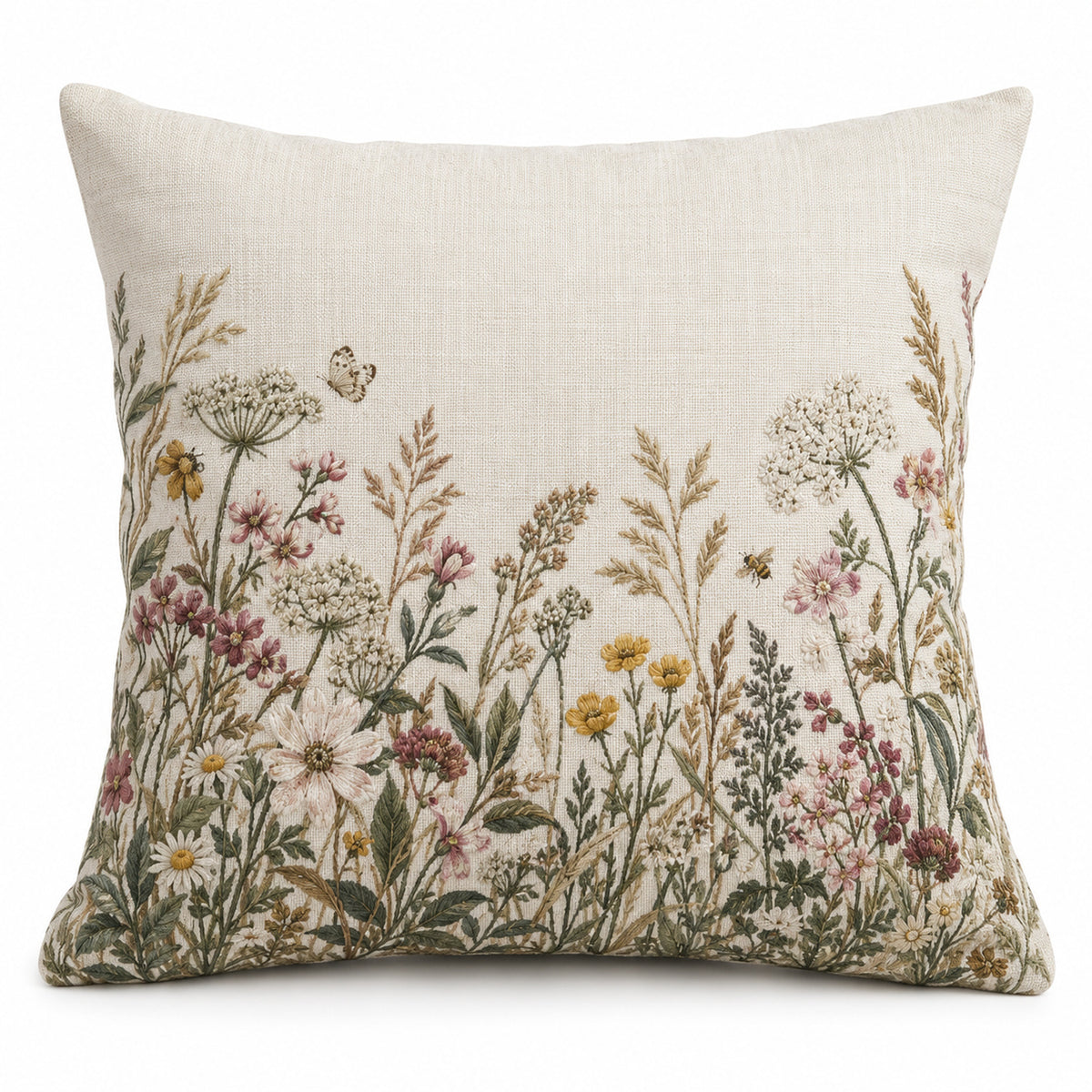 Ivory square cushion cover with delicate scattered meadow wildflowers in natural pastel colors