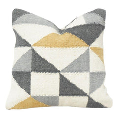 Handmade Wool Geometric Cushion Cover 45x45 cm | Modern Abstract Pattern | Neutral Grey & Mustard