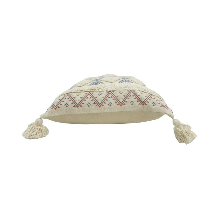 Printed & Tufted Cotton Cushion Cover with Tassels – Boho Geometric Design | 45x45 cm