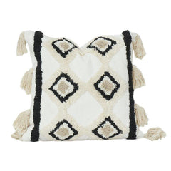 Tufted Cotton Cushion Cover with Geometric Diamond Pattern & Tassels – 45x45 cm