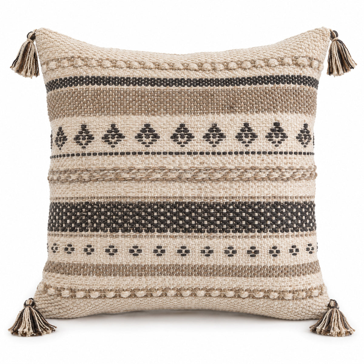 Natural ivory cushion cover with black tribal stripes, geometric motifs and corner tassels