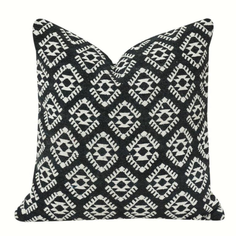 Black & White Geometric Embroidered Cotton Cushion Cover | Tribal Pattern | 18x18 Inch Decorative Pillow Case - Bulk manufacturer & supplier from Panipat, India