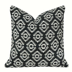 Housse de coussin en coton brodé géométrique noir et blanc | Motif tribal | Housse de coussin décorative 18x18 pouces