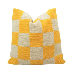 Yellow & Ivory Checkered Tufted Cotton Cushion Cover | 45x45 cm | Handmade Textured Pillow Cover