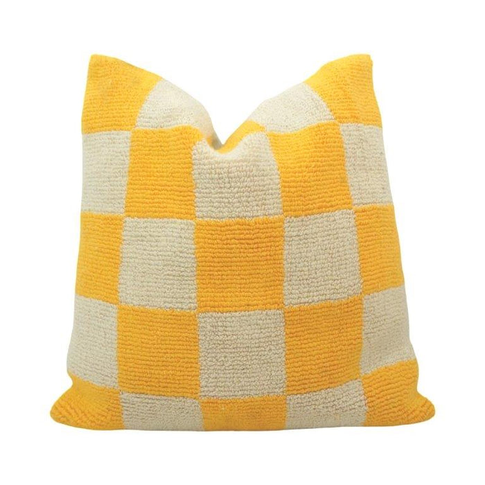 Yellow & Ivory Checkered Tufted Cotton Cushion Cover | 45x45 cm | Handmade Textured Pillow Cover