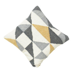 Handmade Wool Geometric Cushion Cover 45x45 cm | Modern Abstract Pattern | Neutral Grey & Mustard