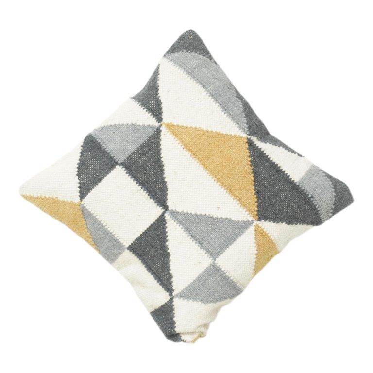 Handmade Wool Geometric Cushion Cover 45x45 cm | Modern Abstract Pattern | Neutral Grey & Mustard