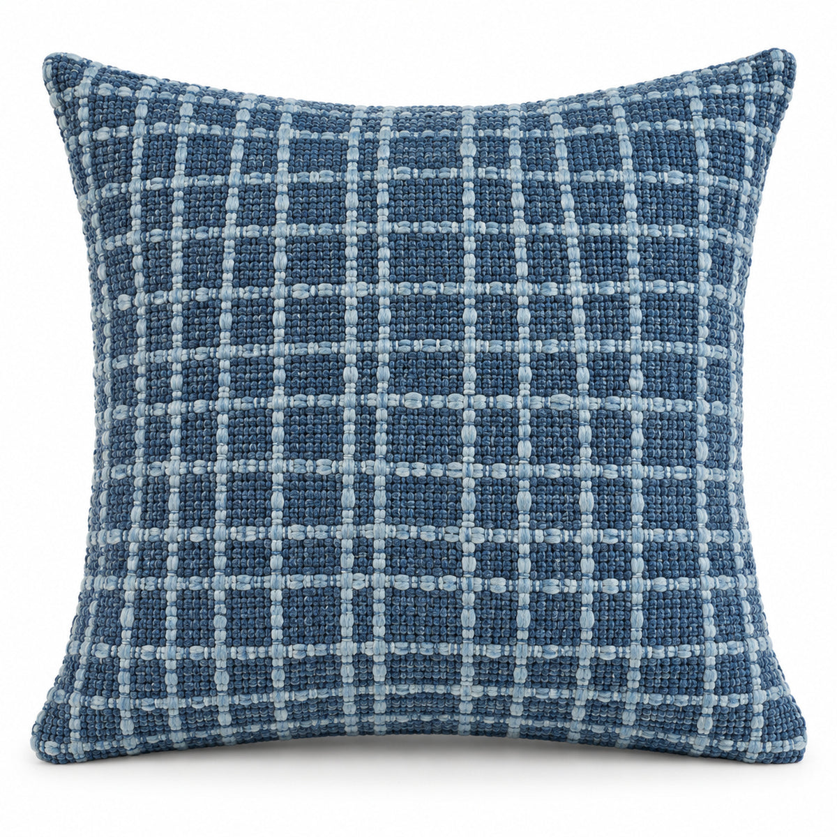Denim blue square cushion cover with irregular white crosshatch grid and woven-look texture