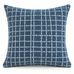 Denim blue square cushion cover with irregular white crosshatch grid and woven-look texture