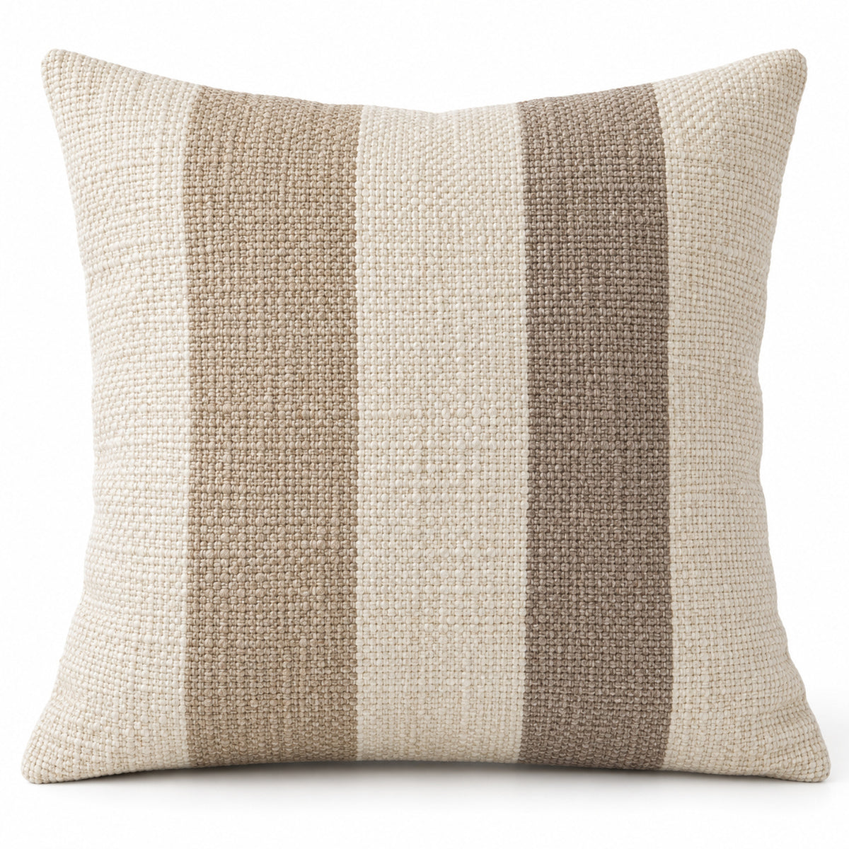 Square decorative cushion cover with wide vertical stripes in beige, cream and taupe