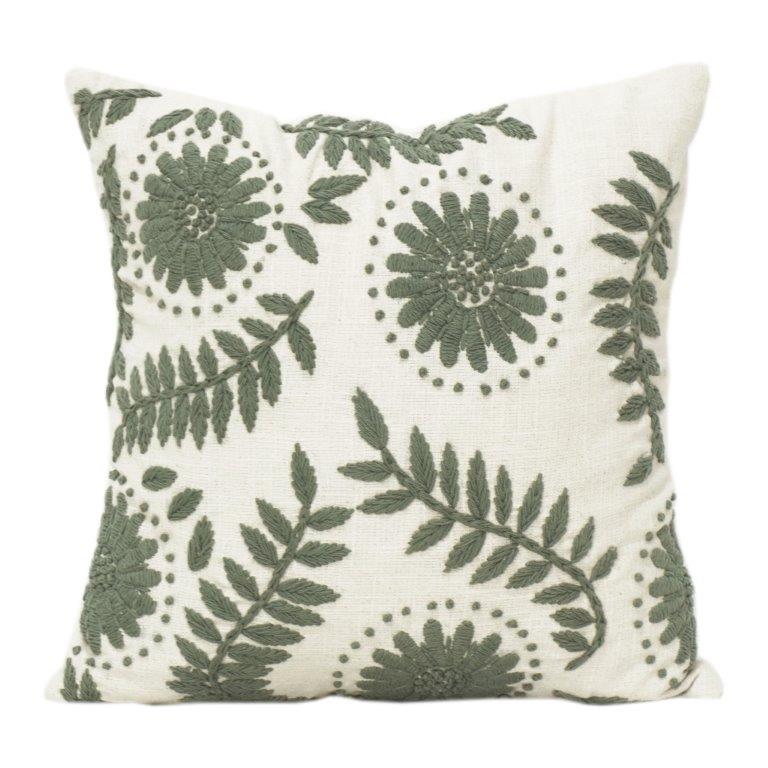 Machine Embroidered Cotton Cushion Cover 45x45 cm – Sage Green Floral Threadwork Decorative Pillow Case