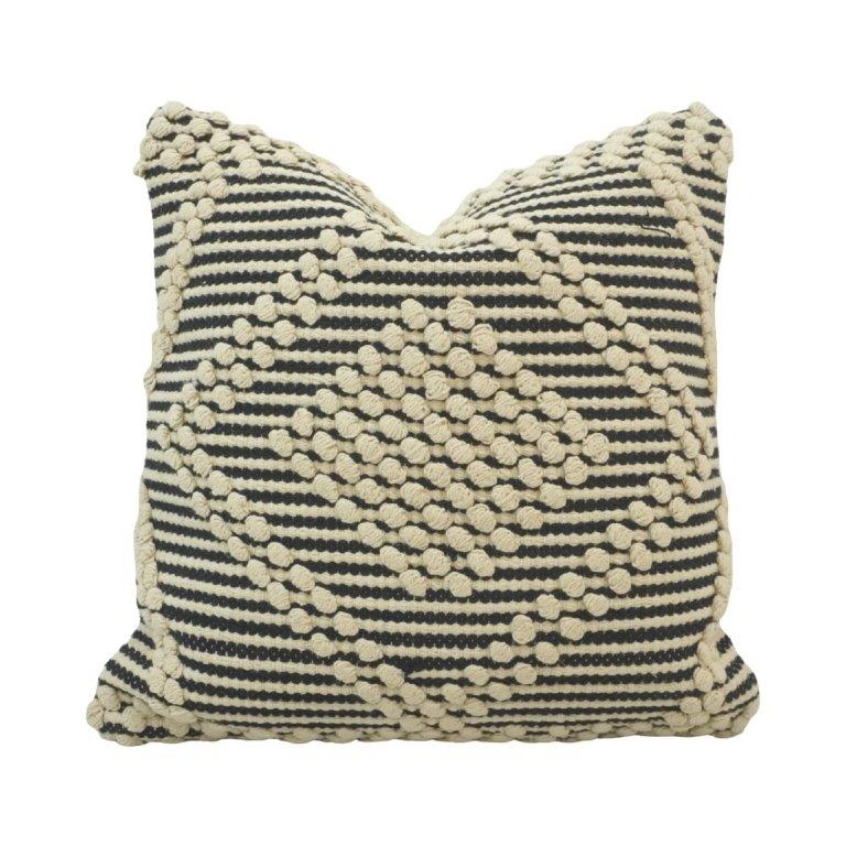Handmade Black & White Textured Cotton Cushion Cover | Boho Striped Tufted Pillow Cover | 45x45 cm - Bulk manufacturer & supplier from Panipat, India