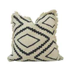 Black & Ivory Tribal Geometric Printed Cotton Cushion Cover with Fringe | 45x45 cm