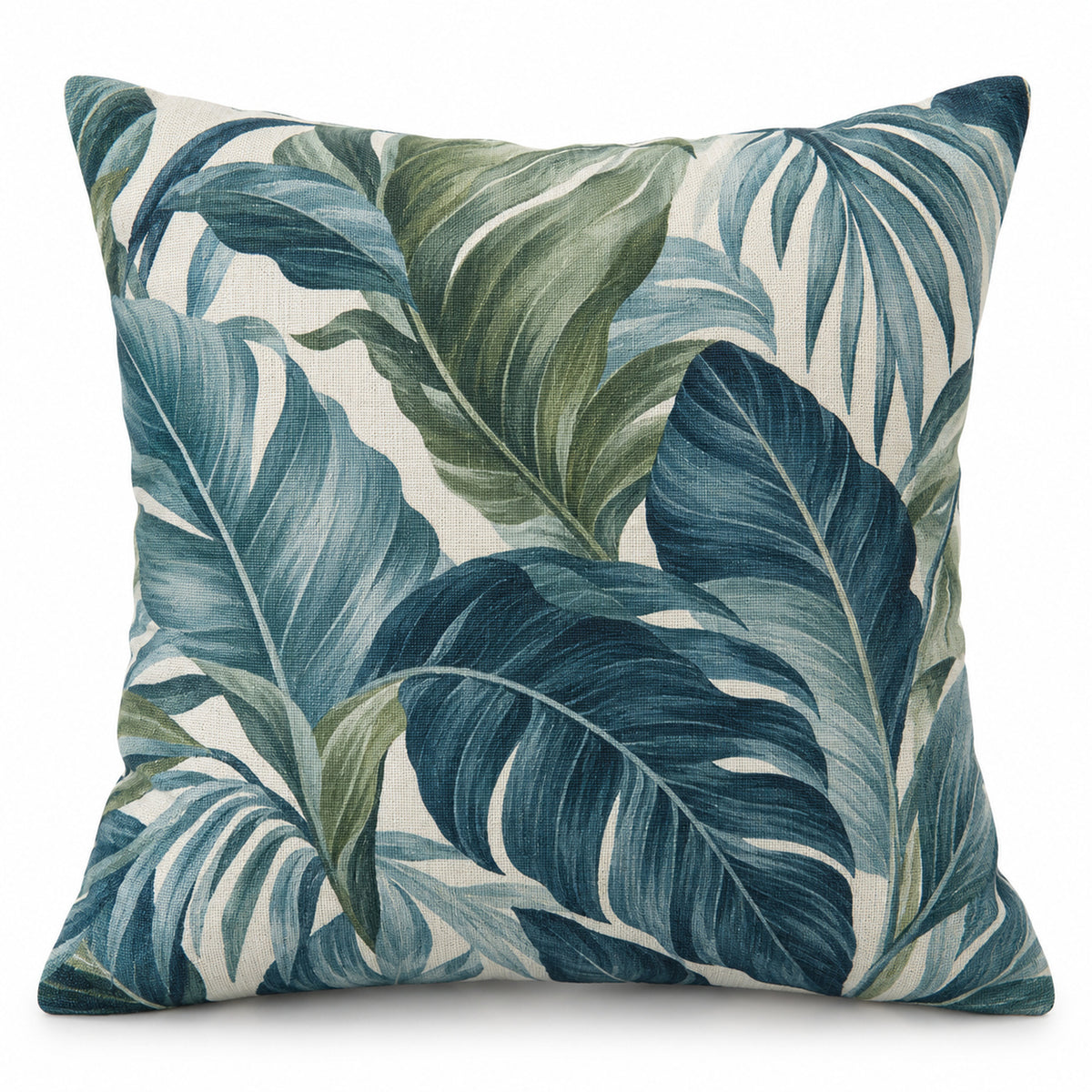 Teal square cushion cover with layered tropical botanical leaves in green and blue tones