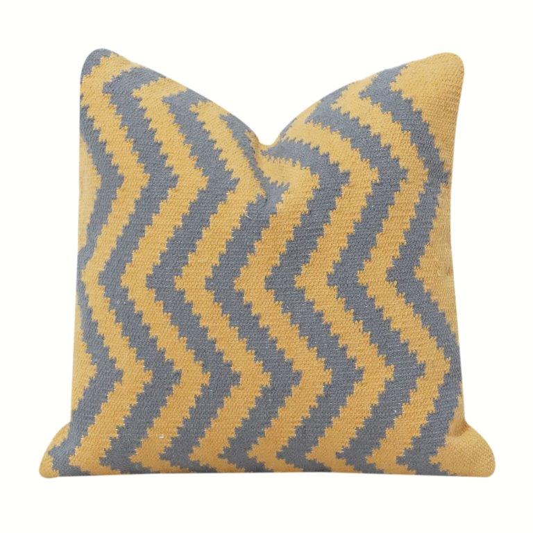 Handwoven Zigzag Cotton Cushion Cover – Mustard & Grey Geometric Design | 18x18 Inch Decorative Pillow Case