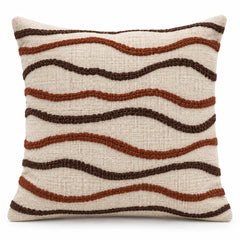 Ivory square cushion cover with flowing rust brown horizontal wave lines across the front