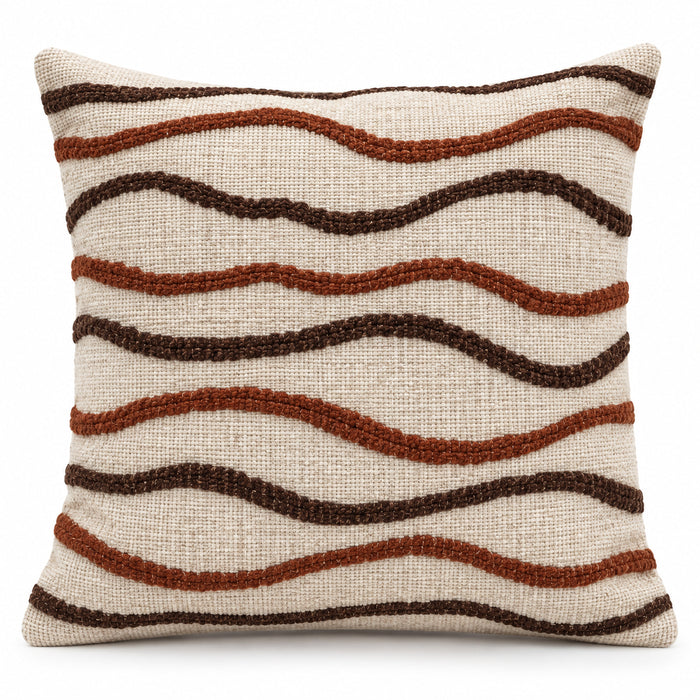 Ivory square cushion cover with flowing rust brown horizontal wave lines across the front