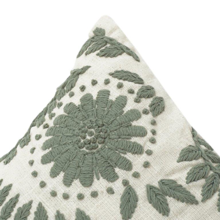 Machine Embroidered Cotton Cushion Cover 45x45 cm – Sage Green Floral Threadwork Decorative Pillow Case