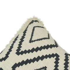Black & Ivory Tribal Geometric Printed Cotton Cushion Cover with Fringe | 45x45 cm