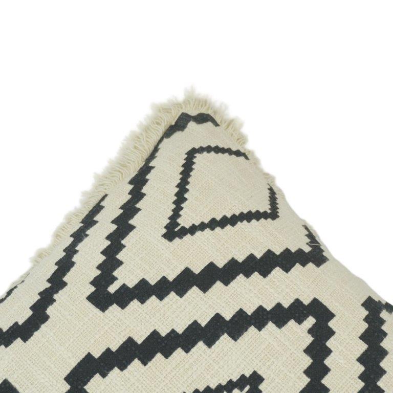 Black & Ivory Tribal Geometric Printed Cotton Cushion Cover with Fringe | 45x45 cm