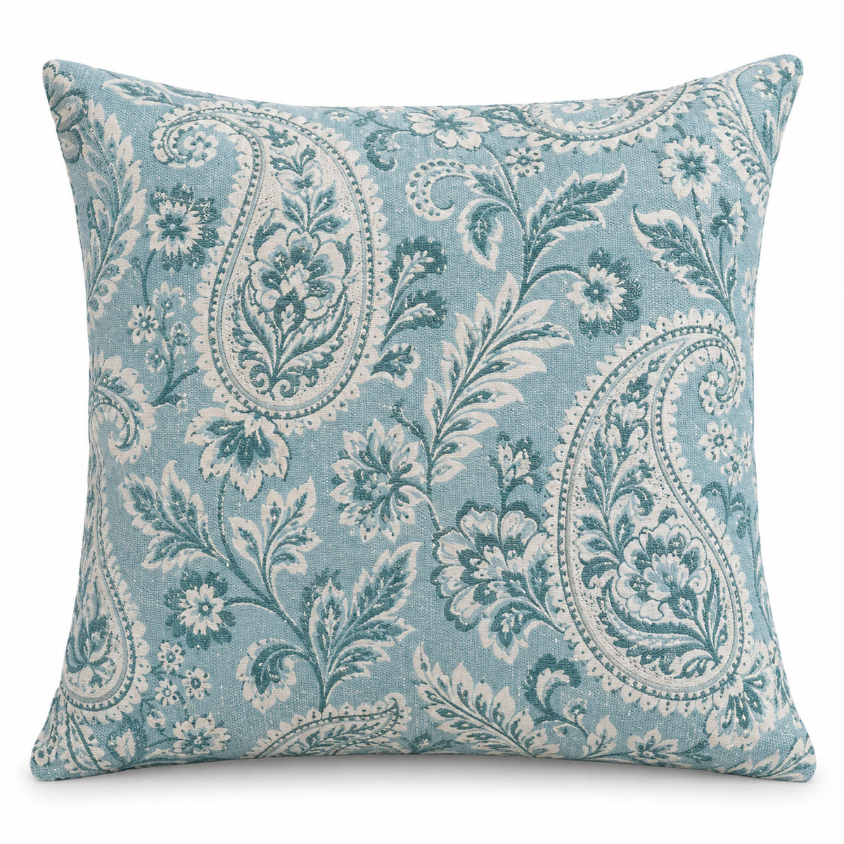 Powder blue square cushion cover with intricate white paisley and floral motifs