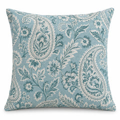 Powder blue square cushion cover with intricate white paisley and floral motifs