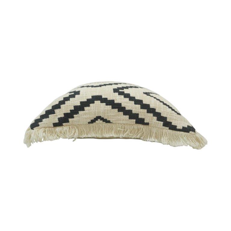 Black & Ivory Tribal Geometric Printed Cotton Cushion Cover with Fringe | 45x45 cm - Bulk manufacturer & supplier from Panipat, India