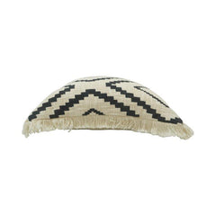 Black & Ivory Tribal Geometric Printed Cotton Cushion Cover with Fringe | 45x45 cm
