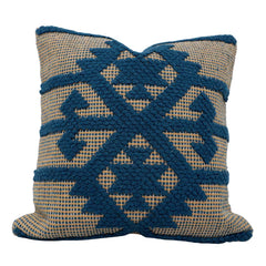 Handwoven Cotton Cushion Cover 45x45 cm | Blue Geometric Tufted Woven Cushion Cover | Boho Decorative Throw Pillow Cover | Hidden Zipper | Sofa & Living Room Décor