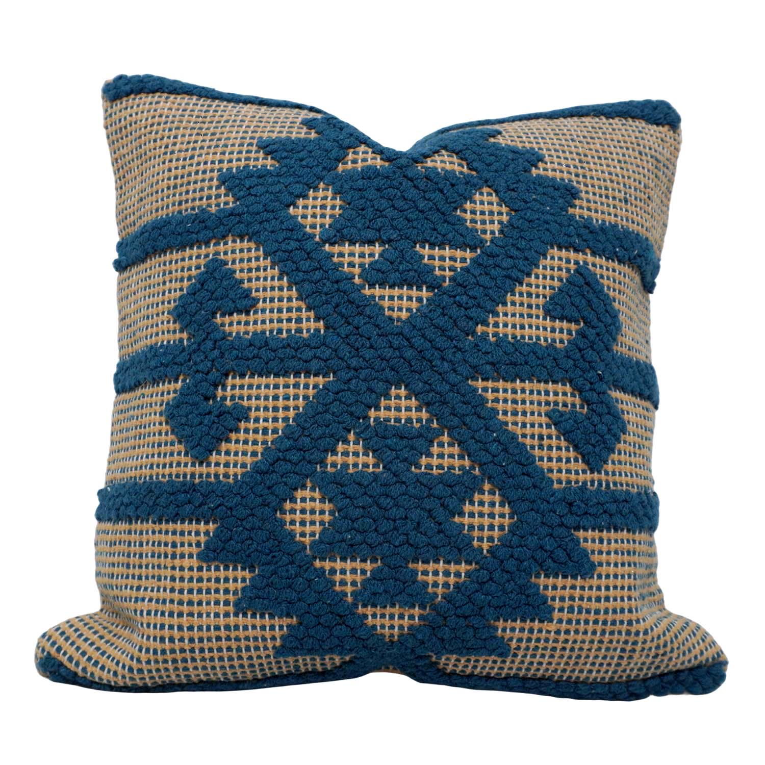 Handwoven Cotton Cushion Cover 45x45 cm | Blue Geometric Tufted Woven Cushion Cover | Boho Decorative Throw Pillow Cover | Hidden Zipper | Sofa & Living Room Décor