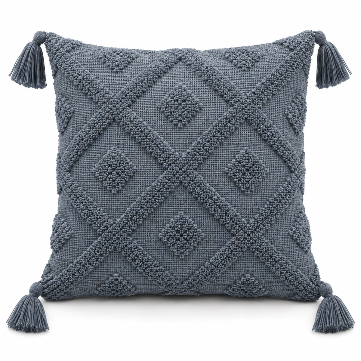 Slate blue square cushion cover with raised diamond pattern and matching corner tassels