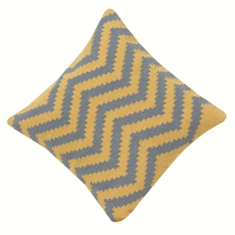 Handwoven Zigzag Cotton Cushion Cover – Mustard & Grey Geometric Design | 18x18 Inch Decorative Pillow Case