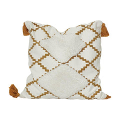 Housse de coussin en coton tufté géométrique style bohème avec pompons | Motif abstrait ivoire et moutarde | 45x45 cm