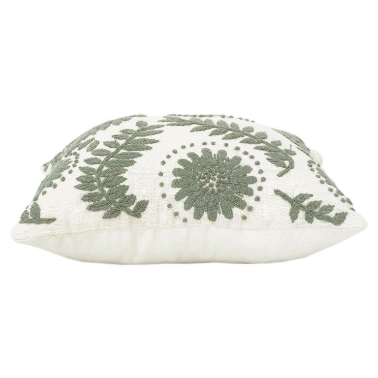 Machine Embroidered Cotton Cushion Cover 45x45 cm – Sage Green Floral Threadwork Decorative Pillow Case