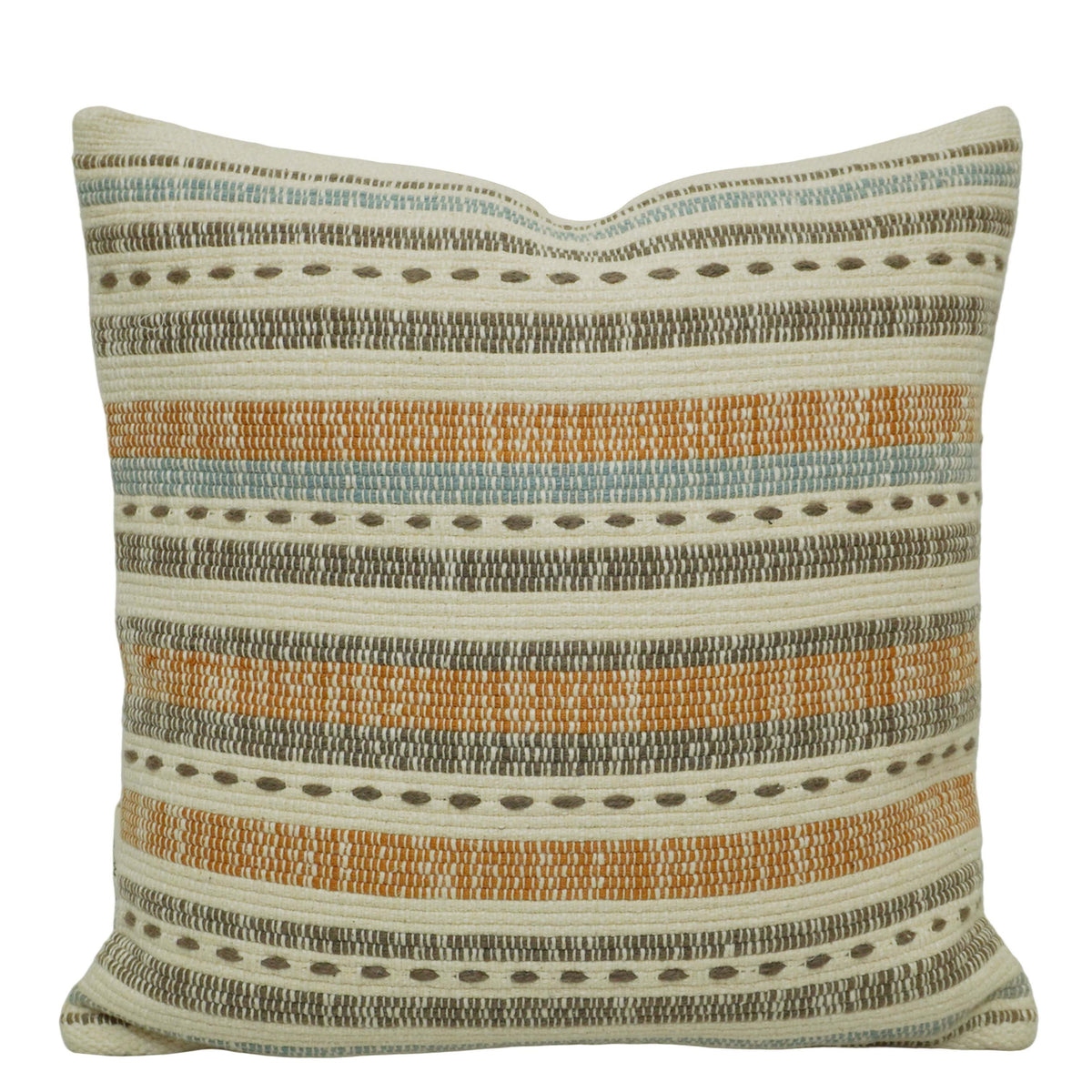 Handwoven Cotton Cushion Cover 45x45 cm – Geometric Striped Design in Ivory, Rust & Blue