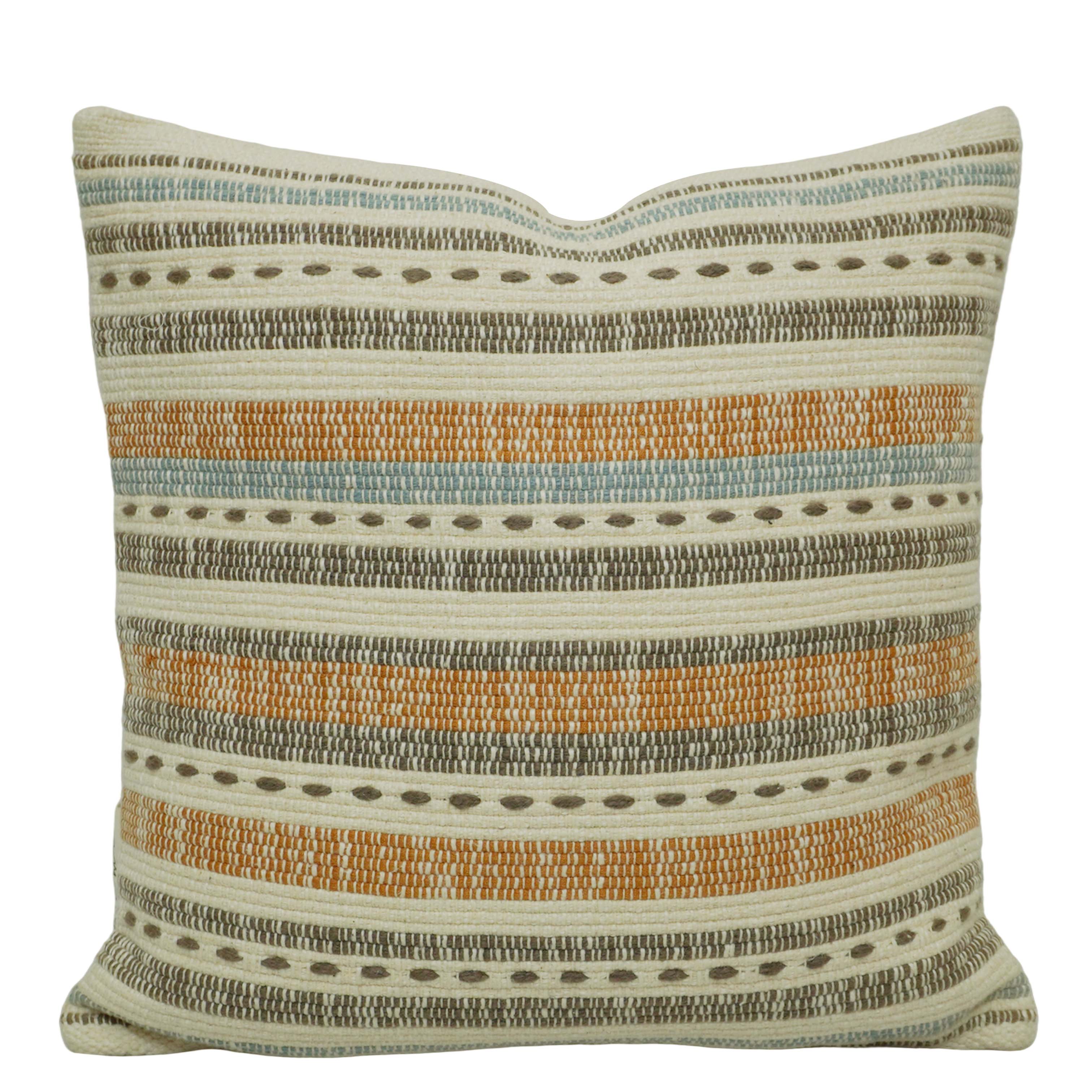 Handwoven Cotton Cushion Cover 45x45 cm – Geometric Striped Design in Ivory, Rust & Blue