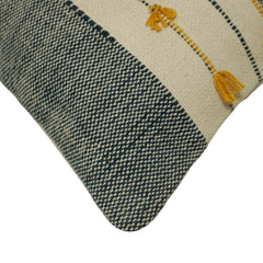 Handwoven Cotton Cushion Cover 45x45 cm | Grey & Ivory Striped with Mustard Tassel Details | Decorative Boho Throw Pillow Cover | Hidden Zipper