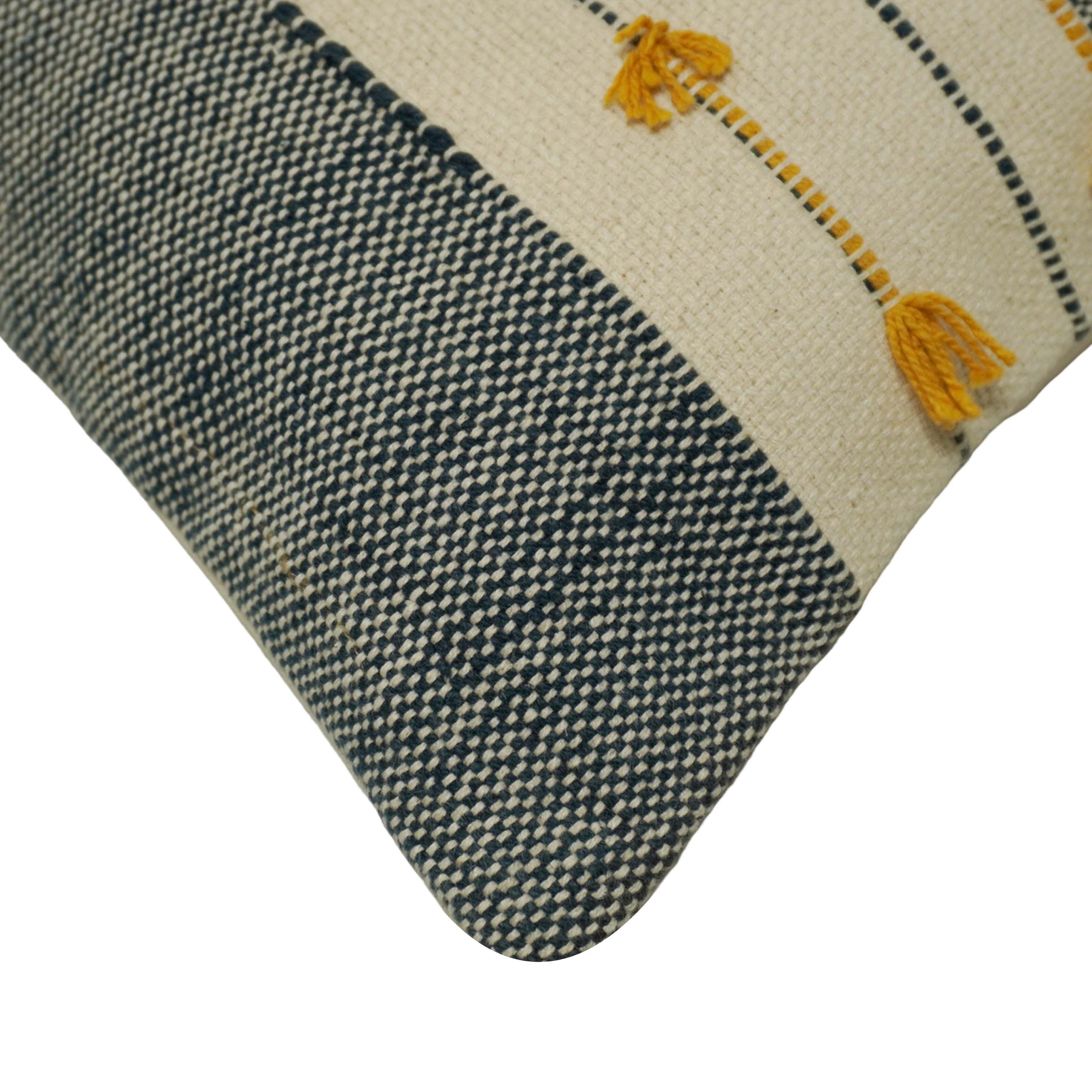 Handwoven Cotton Cushion Cover 45x45 cm | Grey & Ivory Striped with Mustard Tassel Details | Decorative Boho Throw Pillow Cover | Hidden Zipper