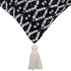 Handwoven Cotton Cushion Cover 45x45 cm | Black & Ivory Geometric Woven Design with Tassels | Boho Decorative Throw Pillow Cover | Hidden Zipper | Handmade Home Décor