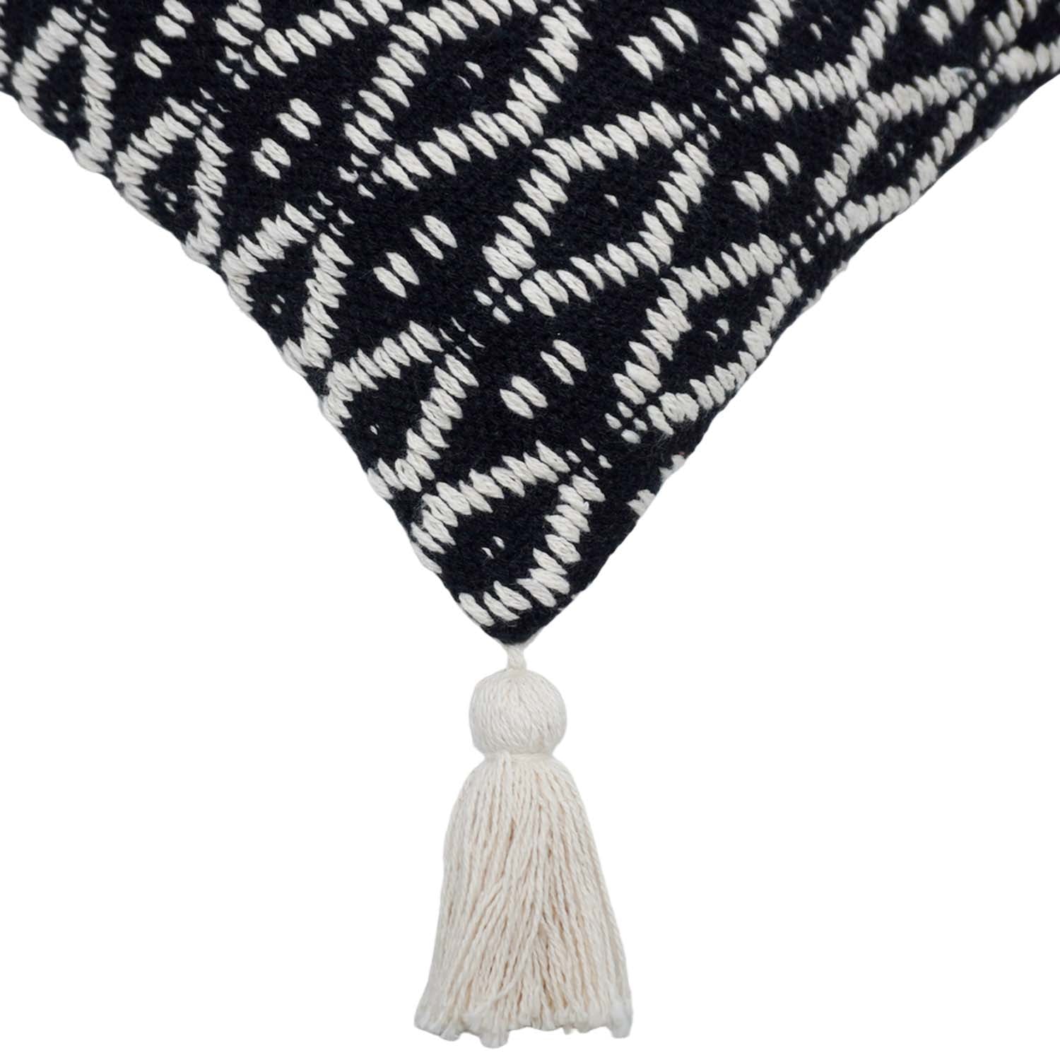 Handwoven Cotton Cushion Cover 45x45 cm | Black & Ivory Geometric Woven Design with Tassels | Boho Decorative Throw Pillow Cover | Hidden Zipper | Handmade Home Décor