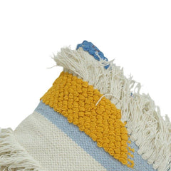 Textured Fringe Cotton Cushion Cover | Handwoven Boho Tufted Pillow Cover | Blue & Mustard Abstract Design | 45x45 cm