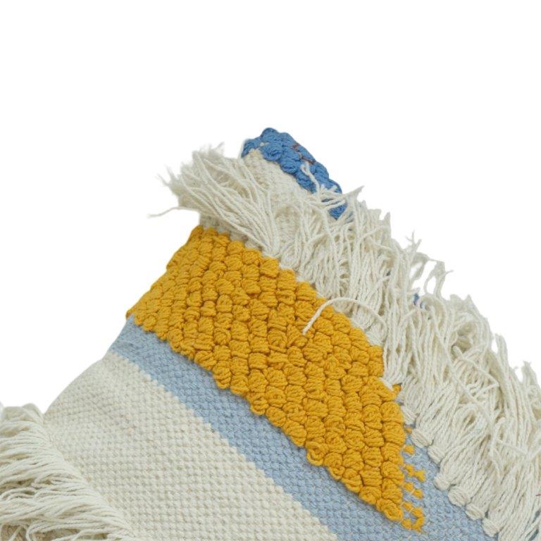 Textured Fringe Cotton Cushion Cover | Handwoven Boho Tufted Pillow Cover | Blue & Mustard Abstract Design | 45x45 cm
