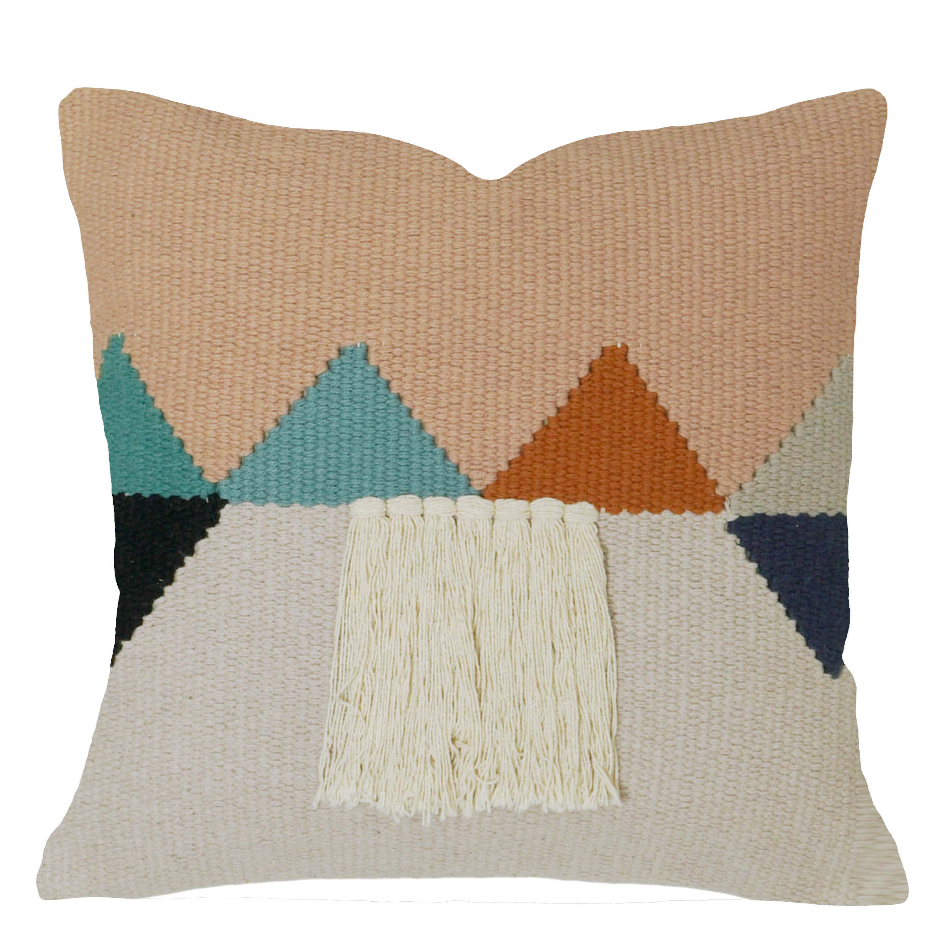 Handwoven Cotton Cushion Cover 45x45 cm – Geometric Mountain Design with Tassel Detail