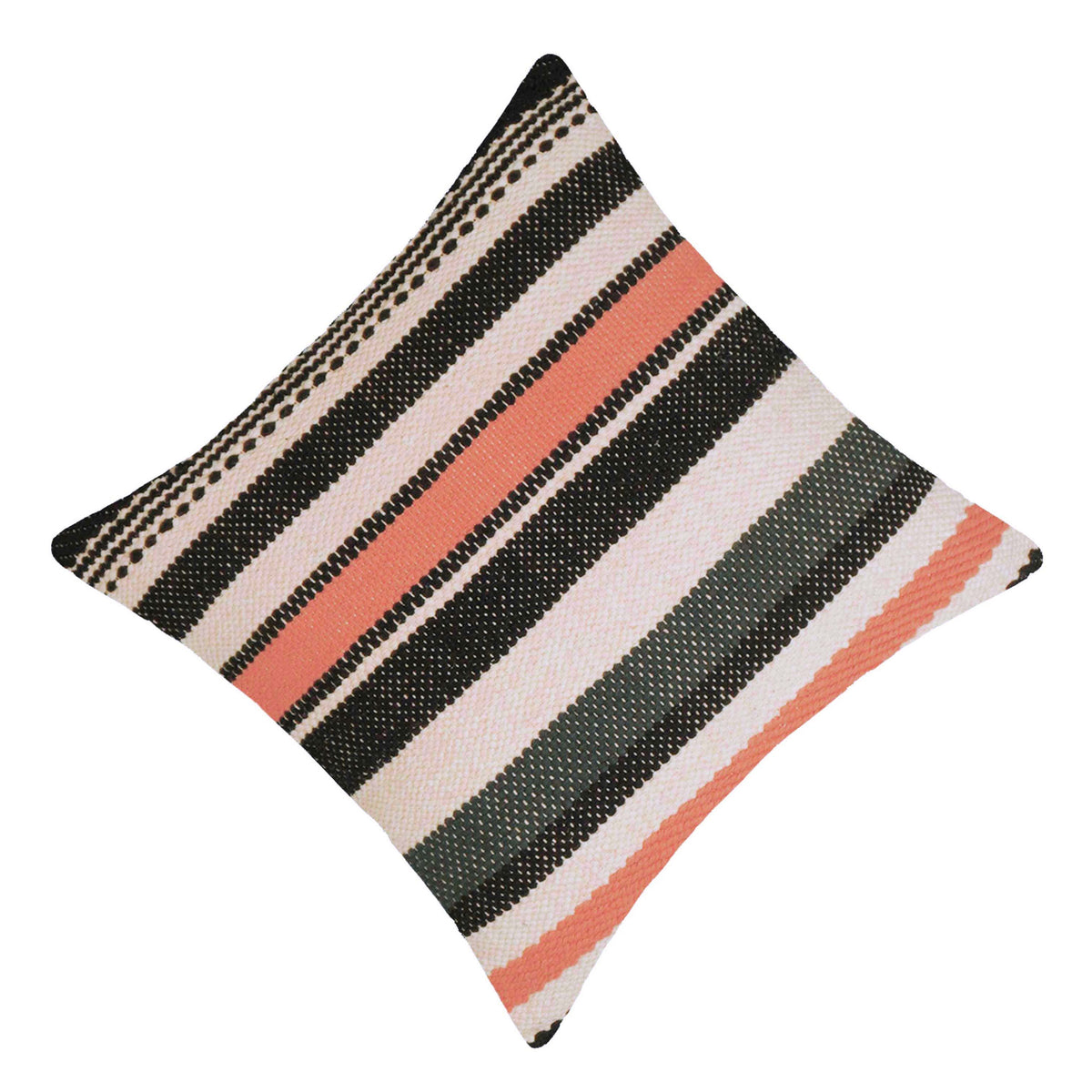 Handwoven Cotton Cushion Cover 45 x 45 cm | Black, White & Coral Striped Textured Cushion Cover