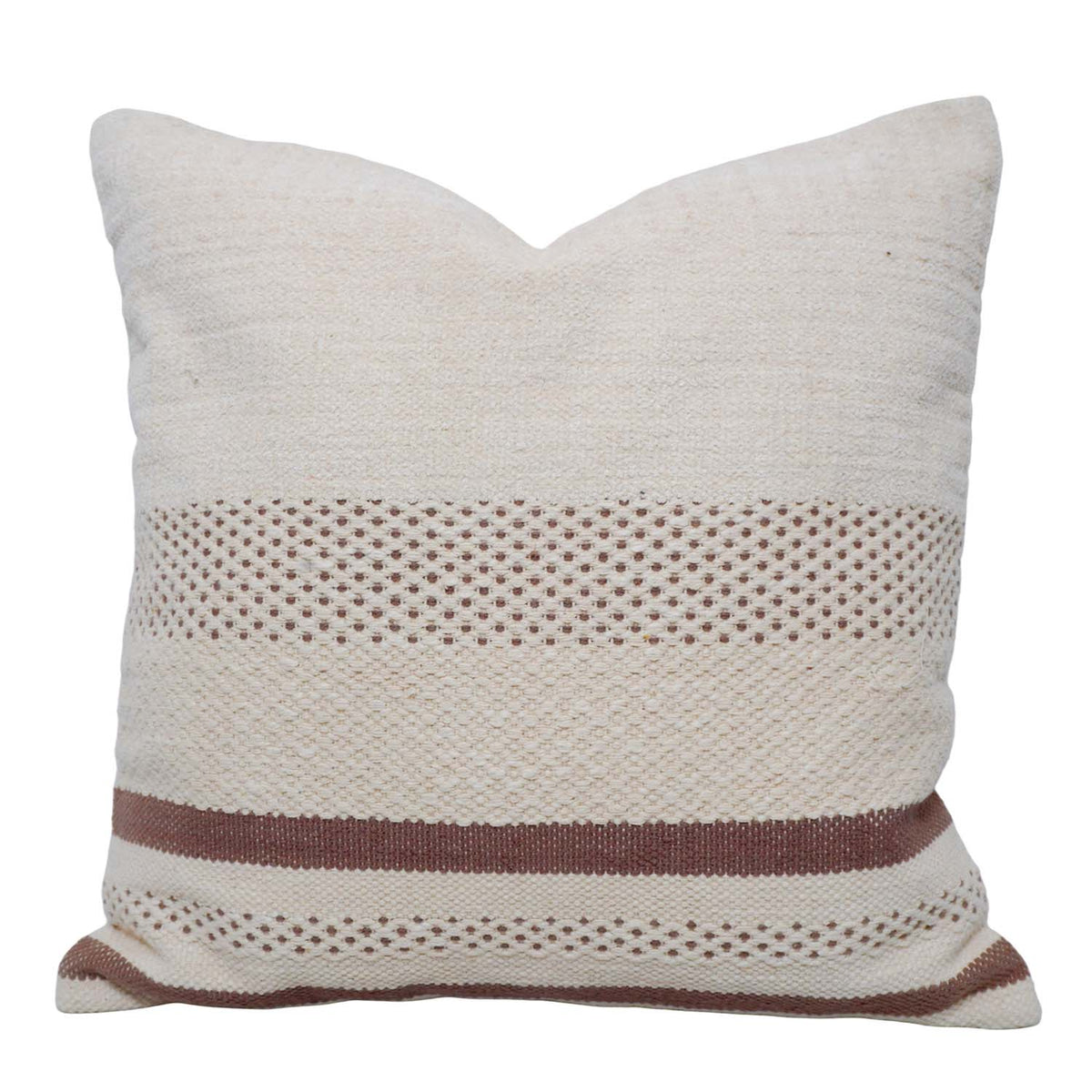 Handwoven Cotton Cushion Cover 45x45 cm | Ivory & Brown Woven Stripe Design | Handmade Decorative Throw Pillow Cover | Boho Farmhouse Home Décor - Bulk manufacturer & supplier from Panipat, India