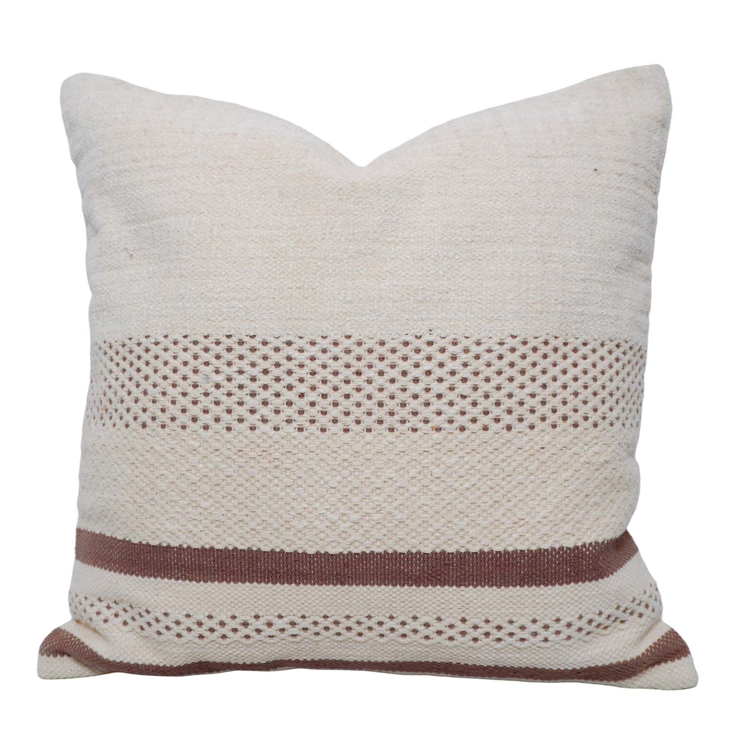 Handwoven Cotton Cushion Cover 45x45 cm | Ivory & Brown Woven Stripe Design | Handmade Decorative Throw Pillow Cover | Boho Farmhouse Home Décor