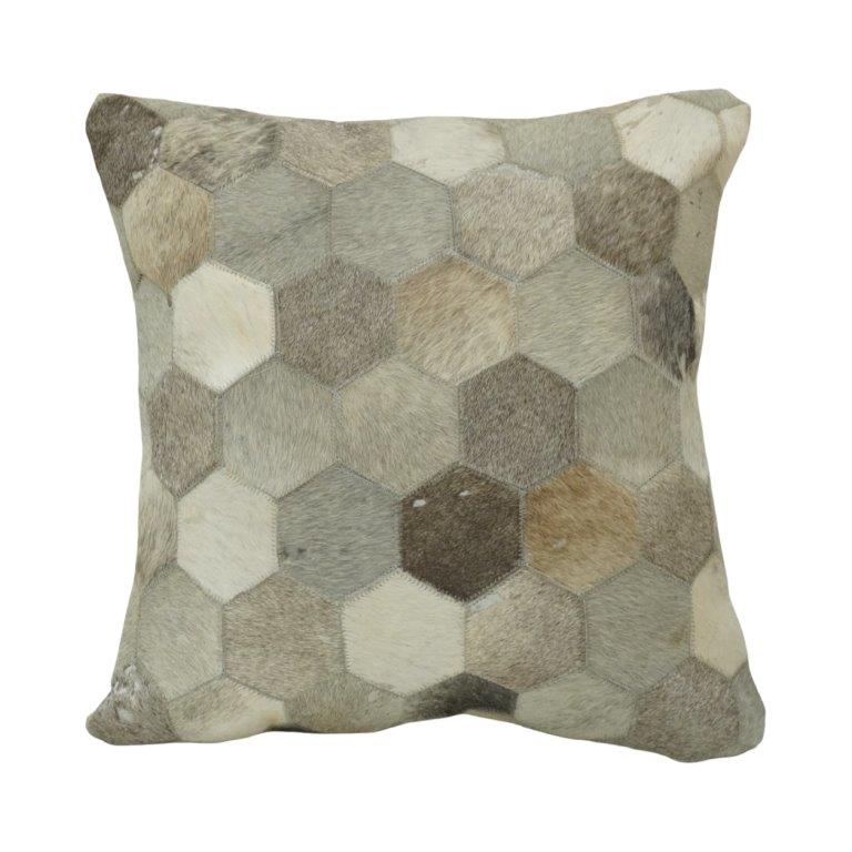 Handcrafted Genuine Hair-On Leather Hexagon Patchwork Cushion Cover – Natural Multi-Tone | 45 x 45 cm - Bulk manufacturer & supplier from Panipat, India