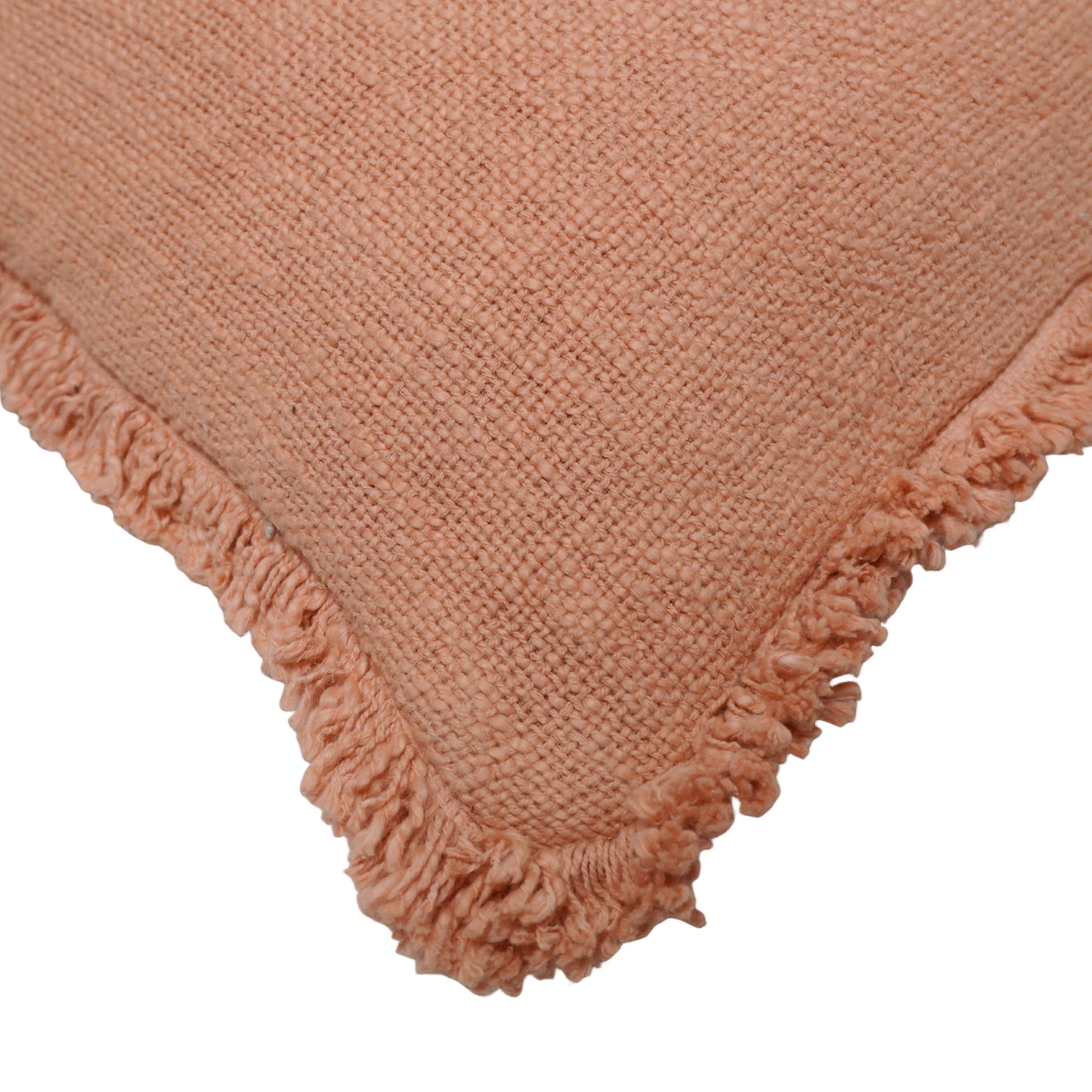 Solid Peach Cotton Cushion Cover with Fringe Edges | 100% Cotton Decorative Throw Pillow Cover | 45 x 45 cm (18 x 18 Inch)
